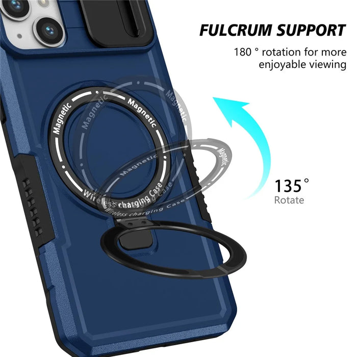 For iPhone 14 Case Kickstand Magnetic Phone Protector with Sliding Lens Cover - Sapphire - 6