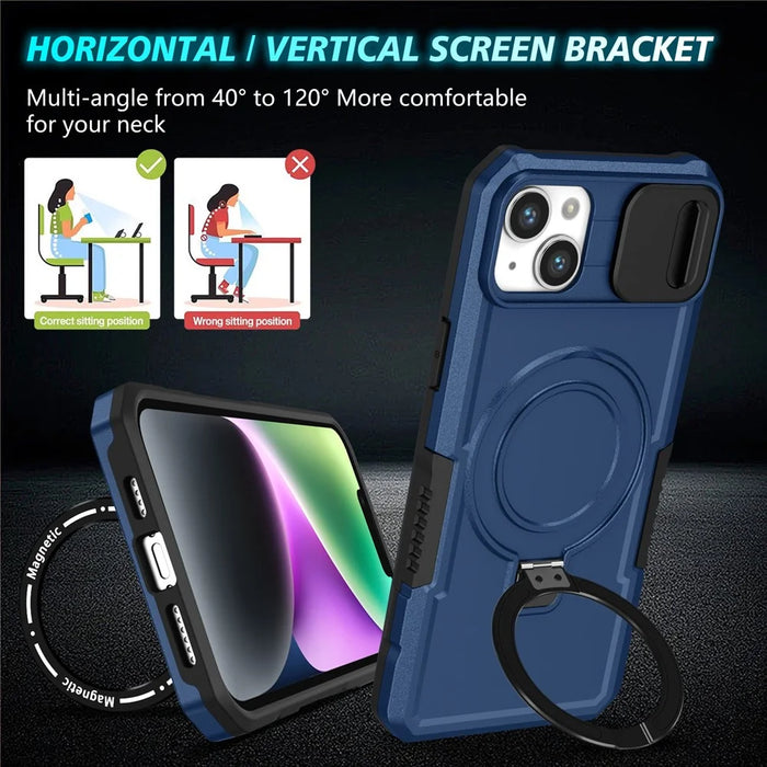 For iPhone 14 Case Kickstand Magnetic Phone Protector with Sliding Lens Cover - Sapphire - 7
