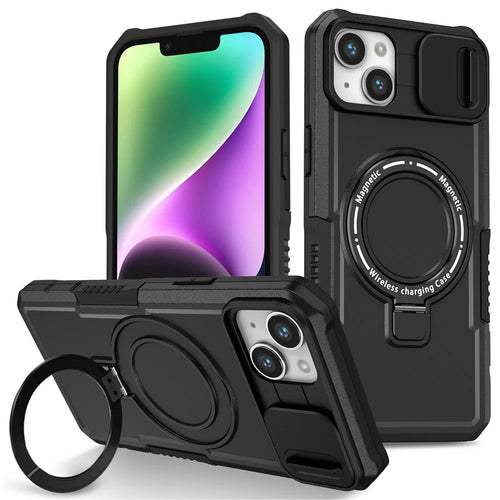 For iPhone 14 Plus Case with Sliding Camera Cover Kickstand Magnetic Phone Shell - Black - 1