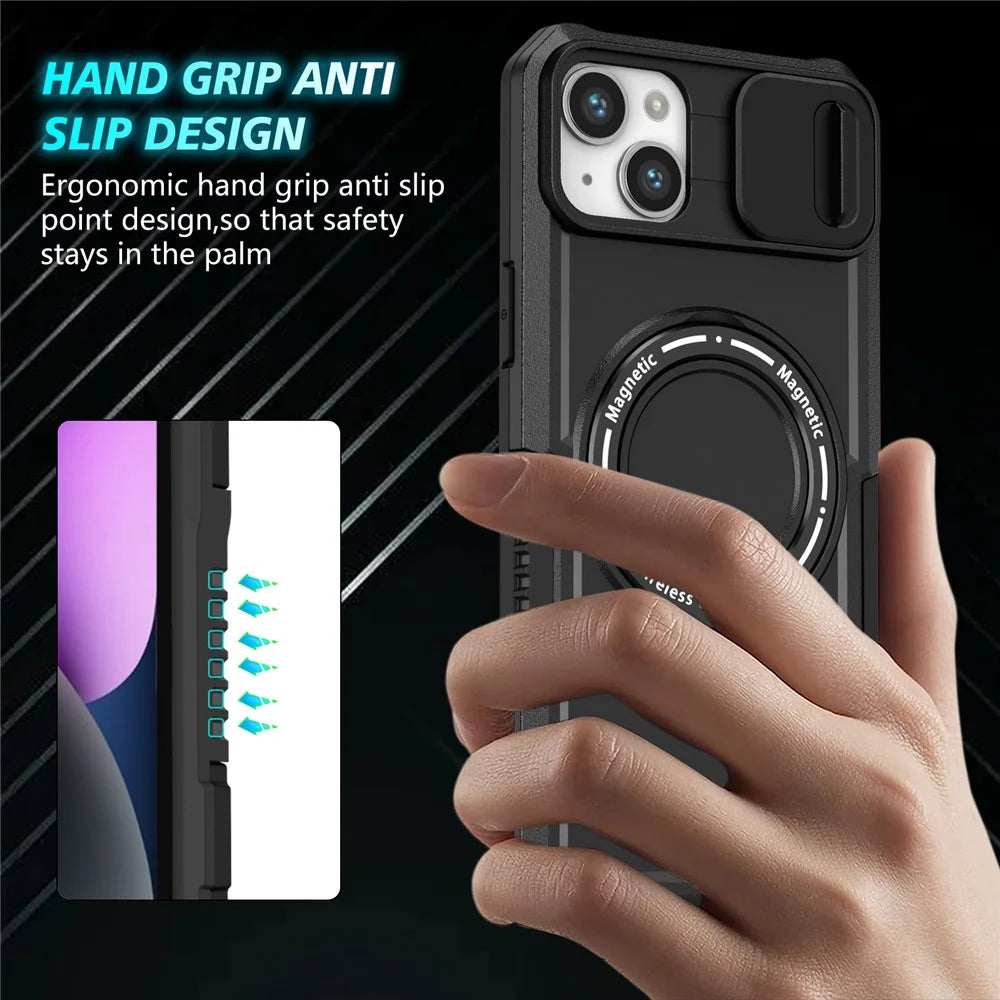 For iPhone 14 Plus Case with Sliding Camera Cover Kickstand Magnetic Phone Shell - Black - 2