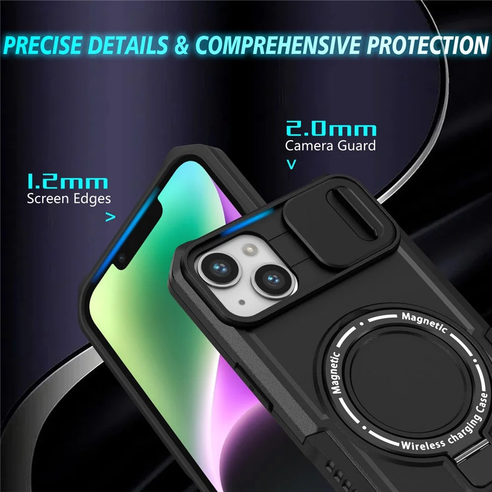 For iPhone 14 Plus Case with Sliding Camera Cover Kickstand Magnetic Phone Shell - Black - 3