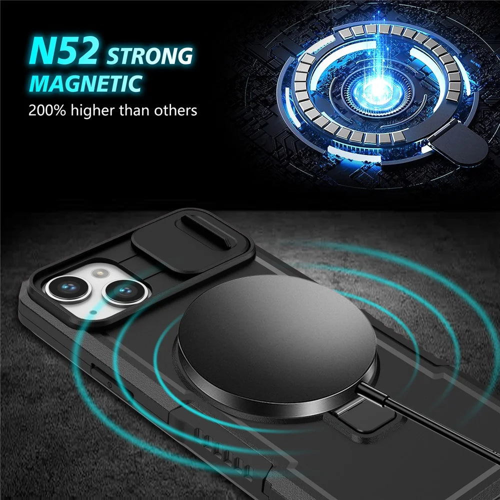 For iPhone 14 Plus Case with Sliding Camera Cover Kickstand Magnetic Phone Shell - Black - 4
