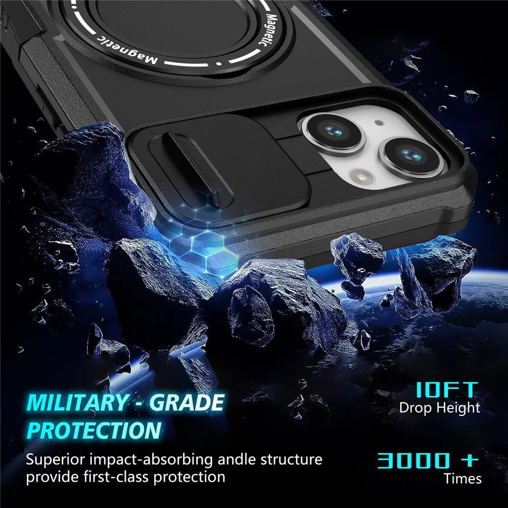 For iPhone 14 Plus Case with Sliding Camera Cover Kickstand Magnetic Phone Shell - Black - 5