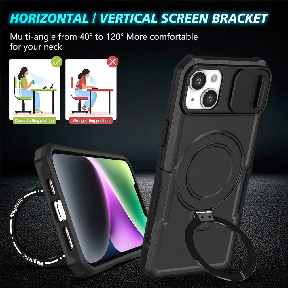For iPhone 14 Plus Case with Sliding Camera Cover Kickstand Magnetic Phone Shell - Black - 7