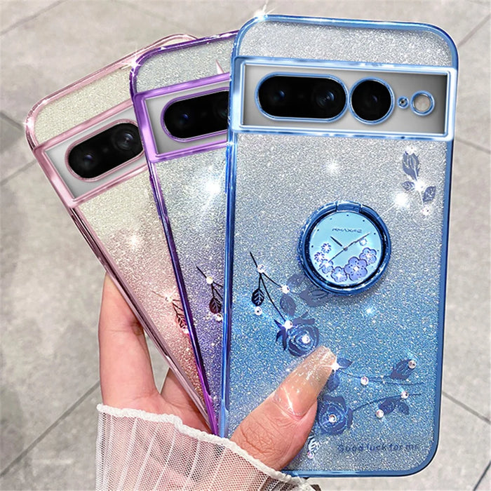 KADEM For Google Pixel 7 Pro 5G Cover Soft TPU Phone Case with Ring Kickstand - Rose Gold - 7