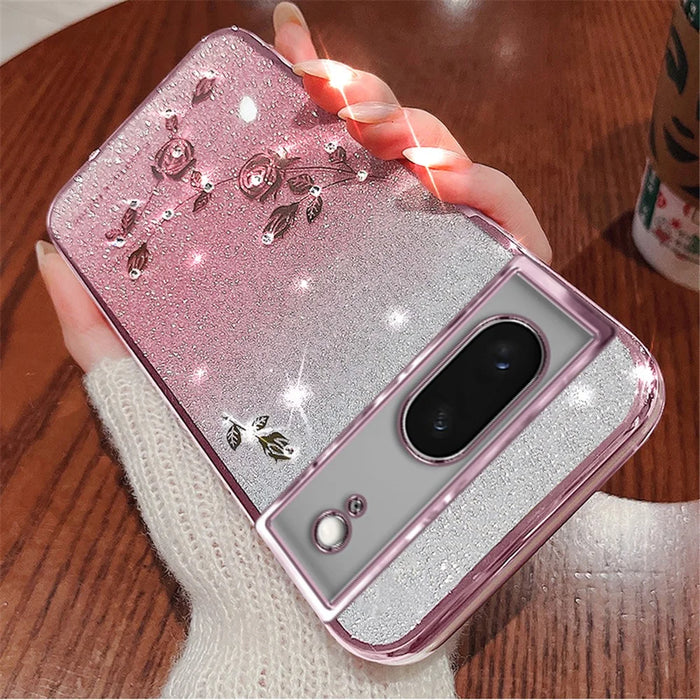 KADEM For Google Pixel 8 Case TPU Glitter Smartphone Back Cover with Strap - Rose Gold - 3