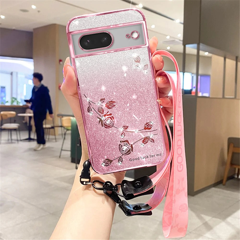 KADEM For Google Pixel 7 5G Case Flower Decor TPU Phone Protection Cover with Strap - Rose Gold - 1