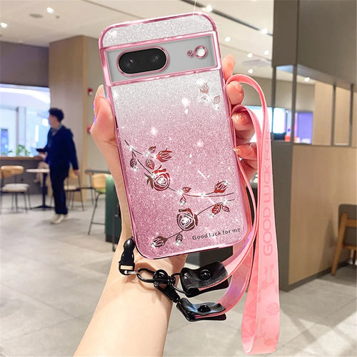 KADEM For Google Pixel 7 5G Case Flower Decor TPU Phone Protection Cover with Strap - Rose Gold - 1