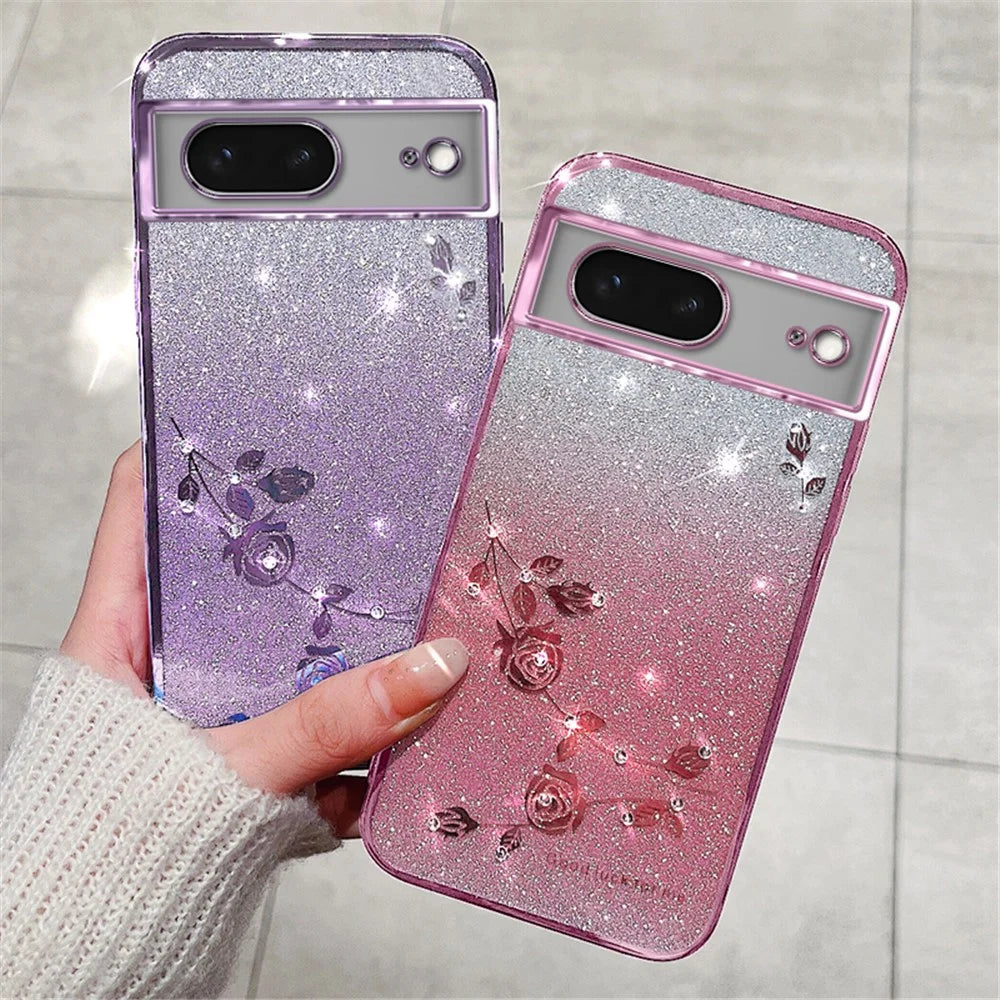 KADEM For Google Pixel 7 5G Case Flower Decor TPU Phone Protection Cover with Strap - Rose Gold - 4