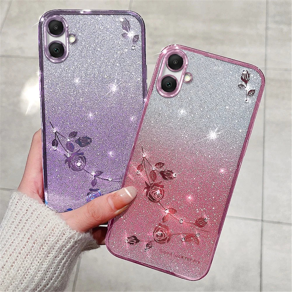 KADEM For Samsung Galaxy A05 4G Case Rhinestone Flower Glitter TPU Smartphone Cover - Rose Gold - 4
