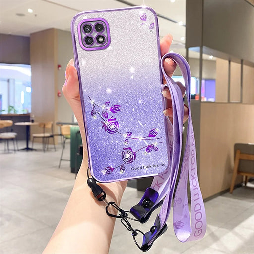 KADEM For Samsung Galaxy A22 5G (EU Version) Case TPU Flower Glitter Phone Cover with Strap - Purple - 1