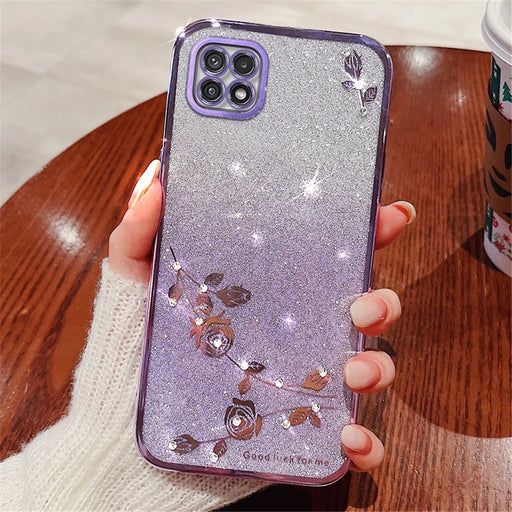 KADEM For Samsung Galaxy A22 5G (EU Version) Case TPU Flower Glitter Phone Cover with Strap - Purple - 2