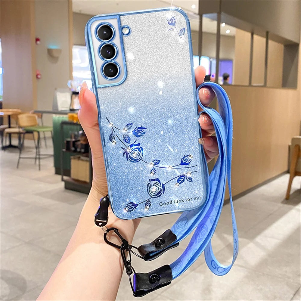 KADEM For Samsung Galaxy S21+ 5G Case Rhinestone Gradient TPU Cover with Strap - Blue - 1
