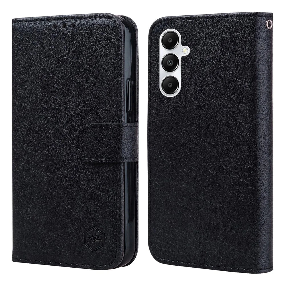 For Samsung Galaxy A15 4G Case Solid Color Phone Stand Cover PU Leather Wallet Shell - Black - 1