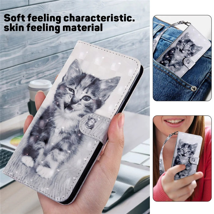 For Samsung Galaxy A15 4G Case Leather Wallet 3D Pattern Printing Phone Cover - Cat - 5