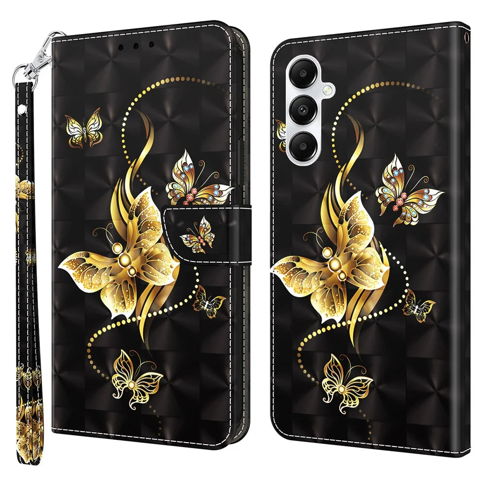 For Samsung Galaxy A05s 4G Case PU Leather Pattern Printing Flip Phone Cover - Golden Butterfly - 1