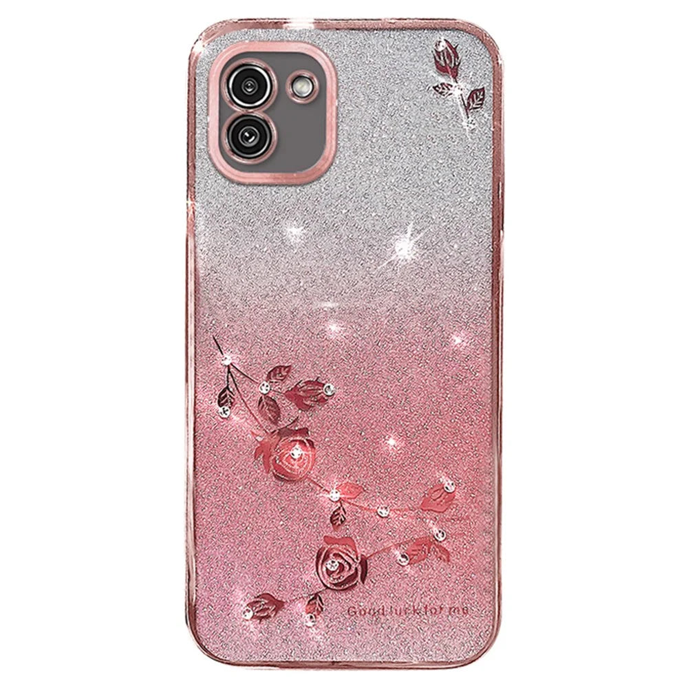 KADEM For Samsung Galaxy A03 (164.2mm) TPU Case Glitter Rhinestone Flower Phone Cover - Rose Gold - 1