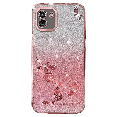 KADEM For Samsung Galaxy A03 (164.2mm) TPU Case Glitter Rhinestone Flower Phone Cover - Rose Gold - 1