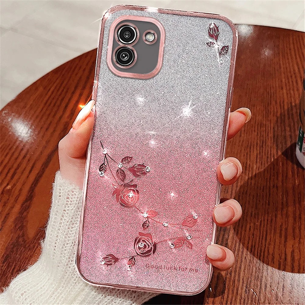 KADEM For Samsung Galaxy A03 (164.2mm) TPU Case Glitter Rhinestone Flower Phone Cover - Rose Gold - 2