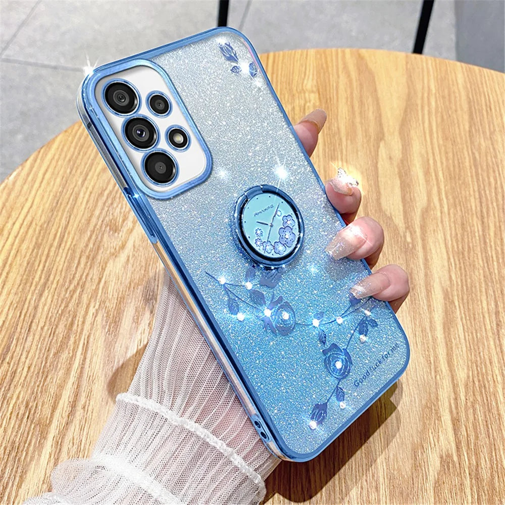 KADEM For Samsung Galaxy A53 5G Cover Flower Decor TPU Phone Case with Ring Kickstand - Blue - 3