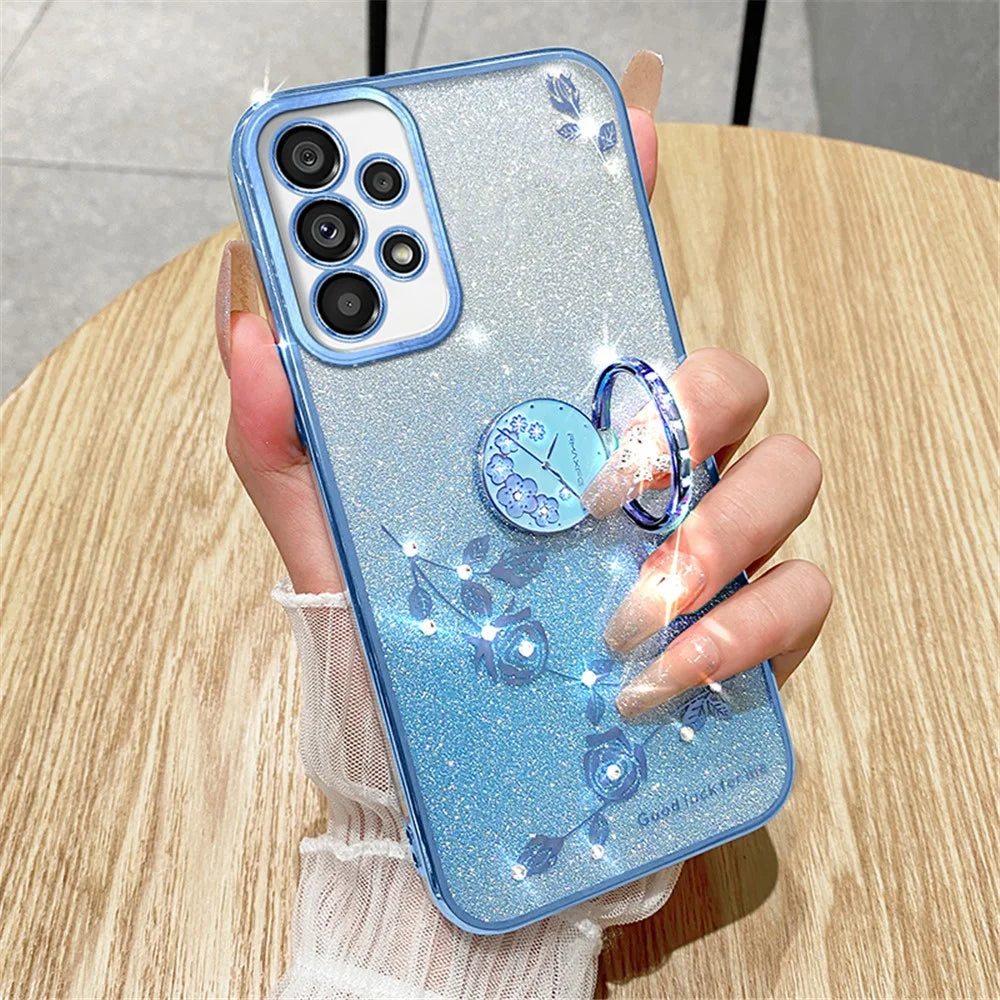 KADEM For Samsung Galaxy A53 5G Cover Flower Decor TPU Phone Case with Ring Kickstand - Blue - 4