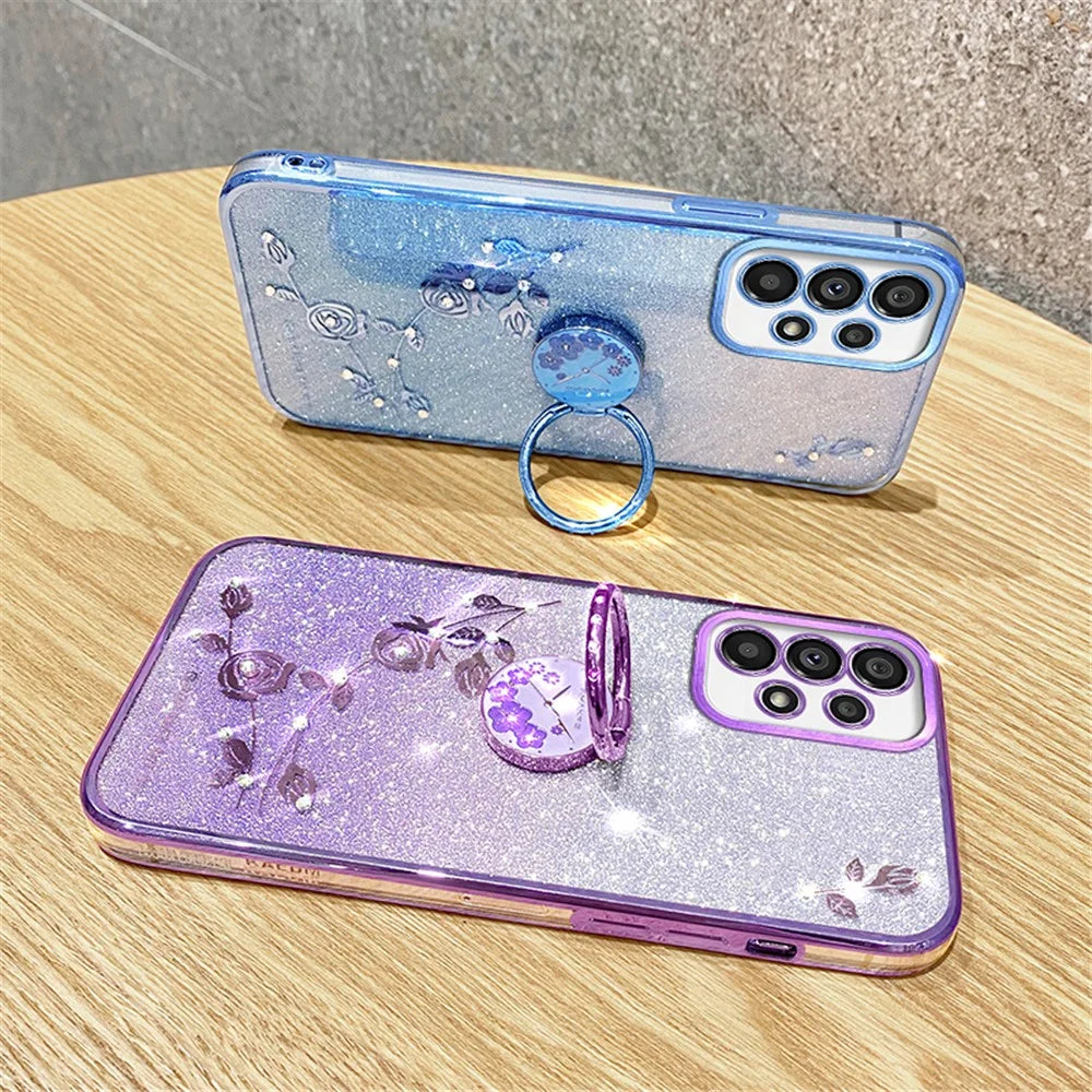 KADEM For Samsung Galaxy A53 5G Cover Flower Decor TPU Phone Case with Ring Kickstand - Blue - 5