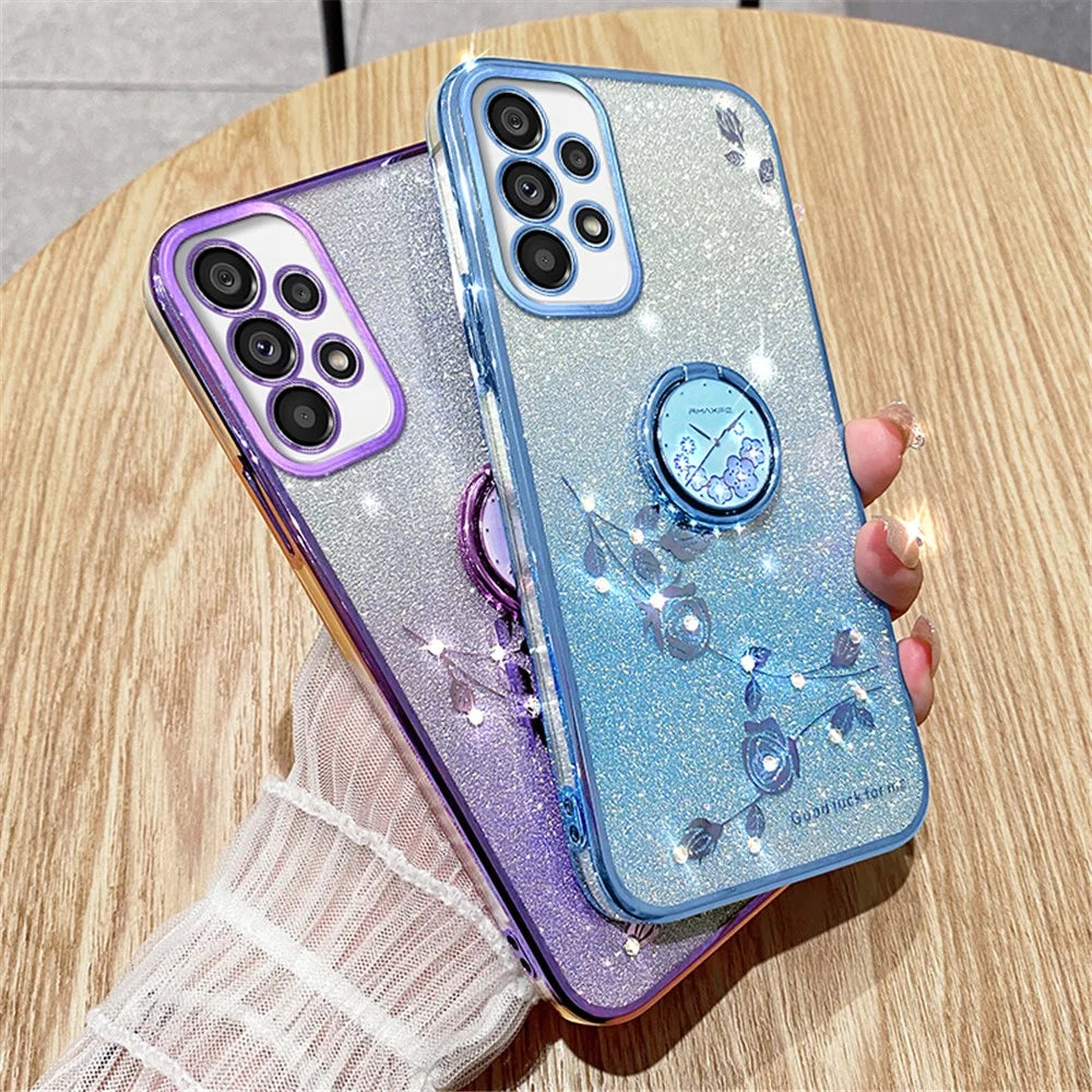 KADEM For Samsung Galaxy A53 5G Cover Flower Decor TPU Phone Case with Ring Kickstand - Blue - 6