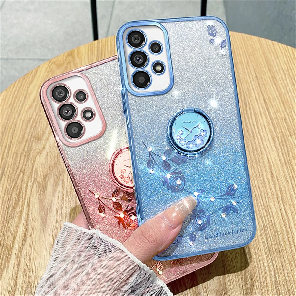 KADEM For Samsung Galaxy A53 5G Cover Flower Decor TPU Phone Case with Ring Kickstand - Blue - 7