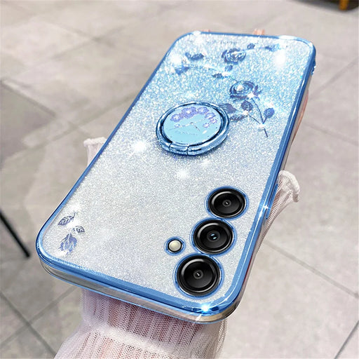 KADEM For Samsung Galaxy M54 5G / F54 5G Flowers Cover Ring Kickstand Glitter Rhinestone TPU Phone Case - Blue - 2
