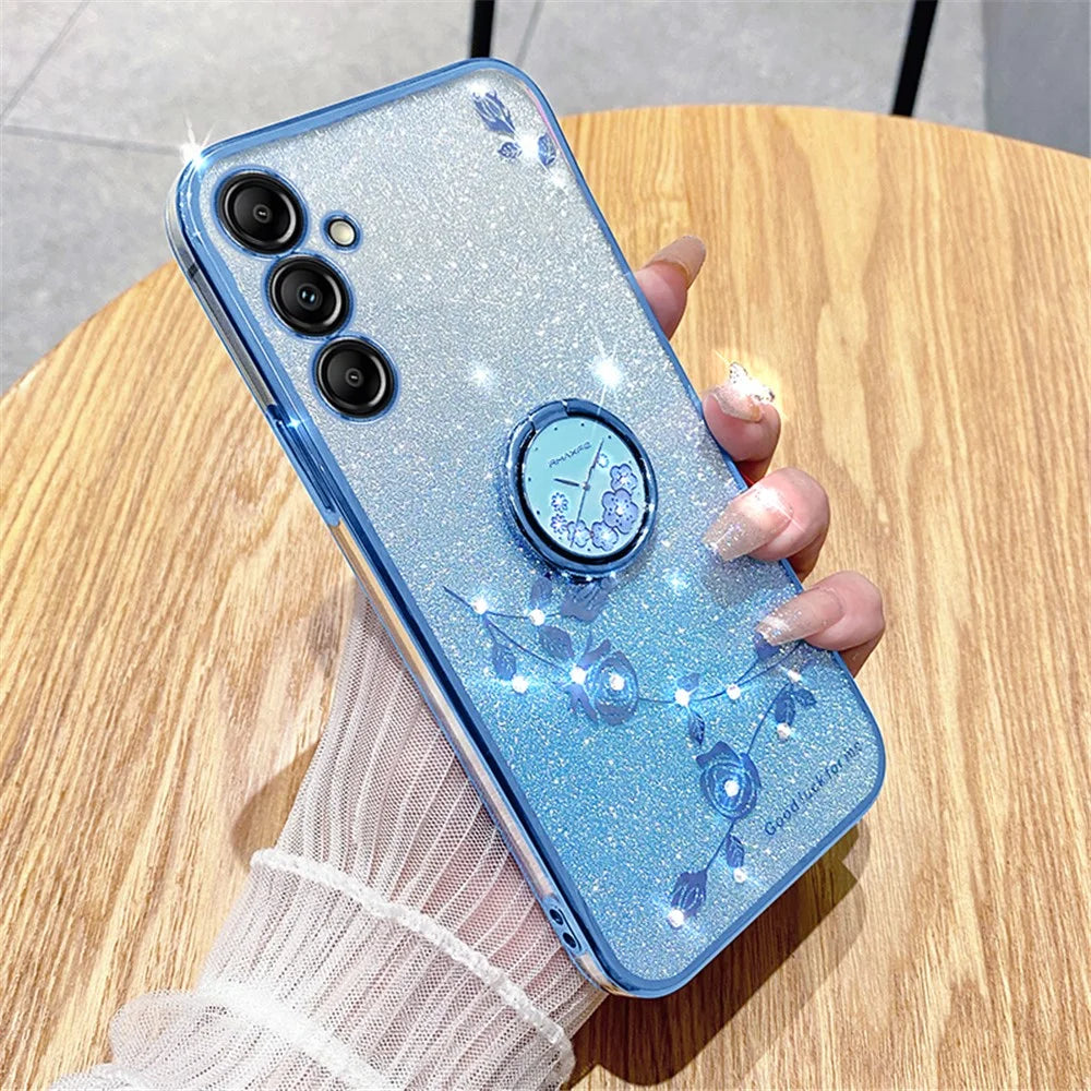 KADEM For Samsung Galaxy M54 5G / F54 5G Flowers Cover Ring Kickstand Glitter Rhinestone TPU Phone Case - Blue - 3
