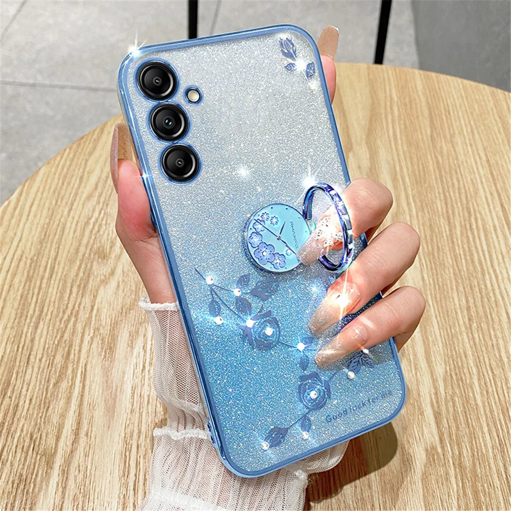 KADEM For Samsung Galaxy M54 5G / F54 5G Flowers Cover Ring Kickstand Glitter Rhinestone TPU Phone Case - Blue - 4