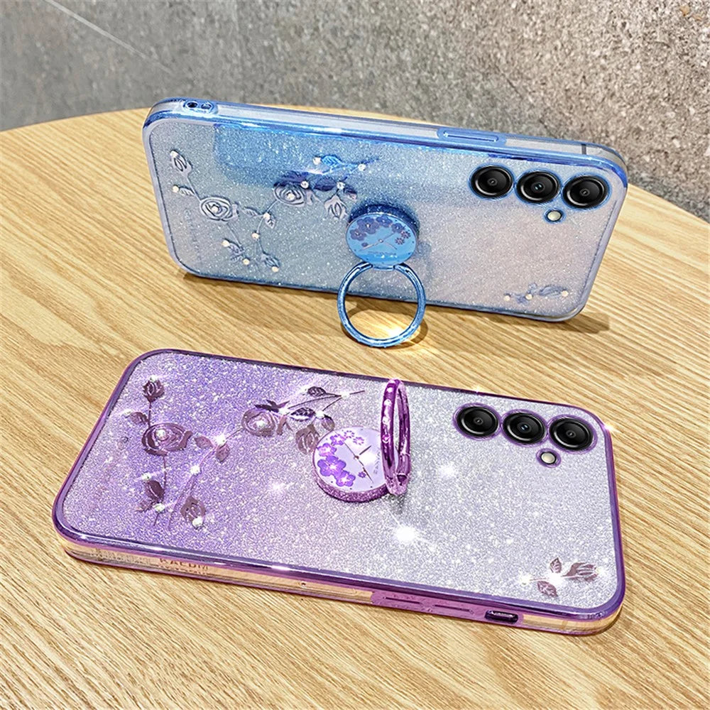 KADEM For Samsung Galaxy M54 5G / F54 5G Flowers Cover Ring Kickstand Glitter Rhinestone TPU Phone Case - Blue - 5