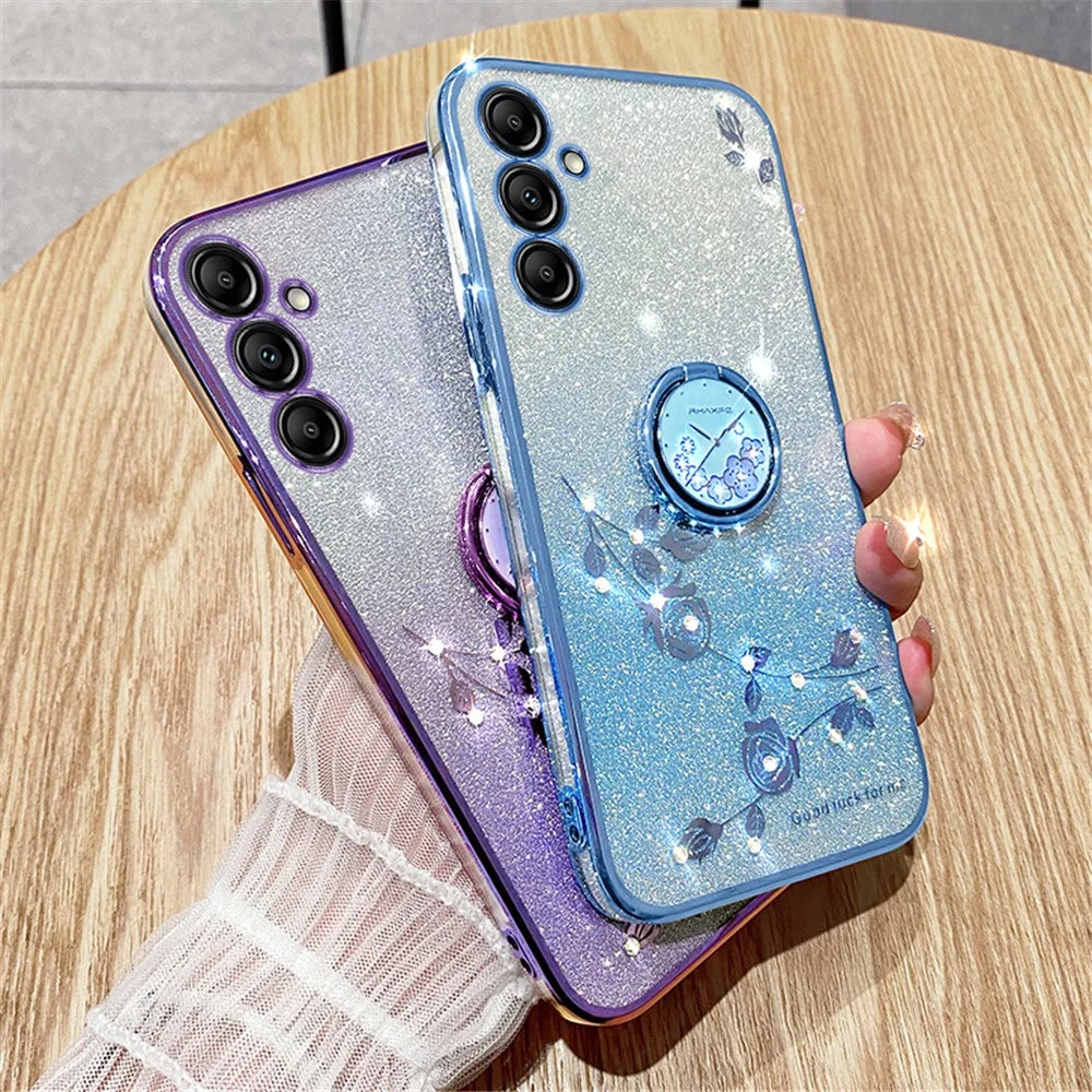 KADEM For Samsung Galaxy M54 5G / F54 5G Flowers Cover Ring Kickstand Glitter Rhinestone TPU Phone Case - Blue - 6