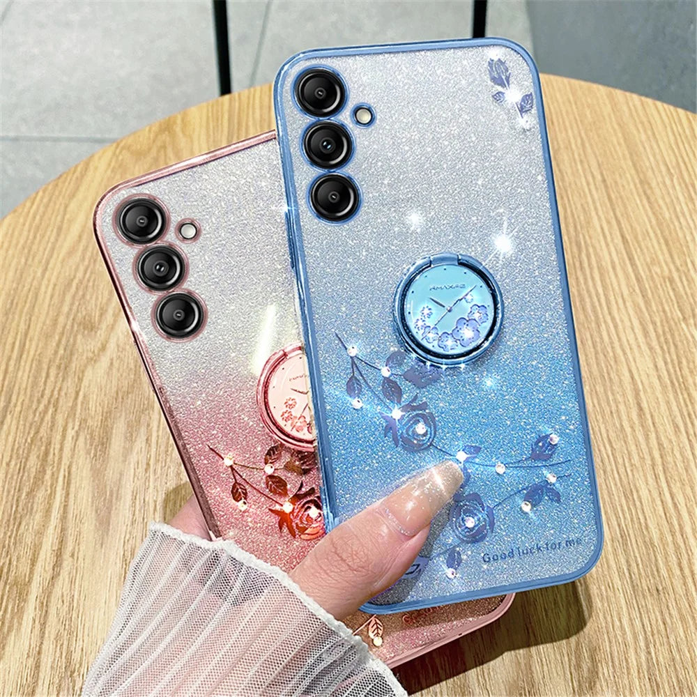KADEM For Samsung Galaxy M54 5G / F54 5G Flowers Cover Ring Kickstand Glitter Rhinestone TPU Phone Case - Blue - 7