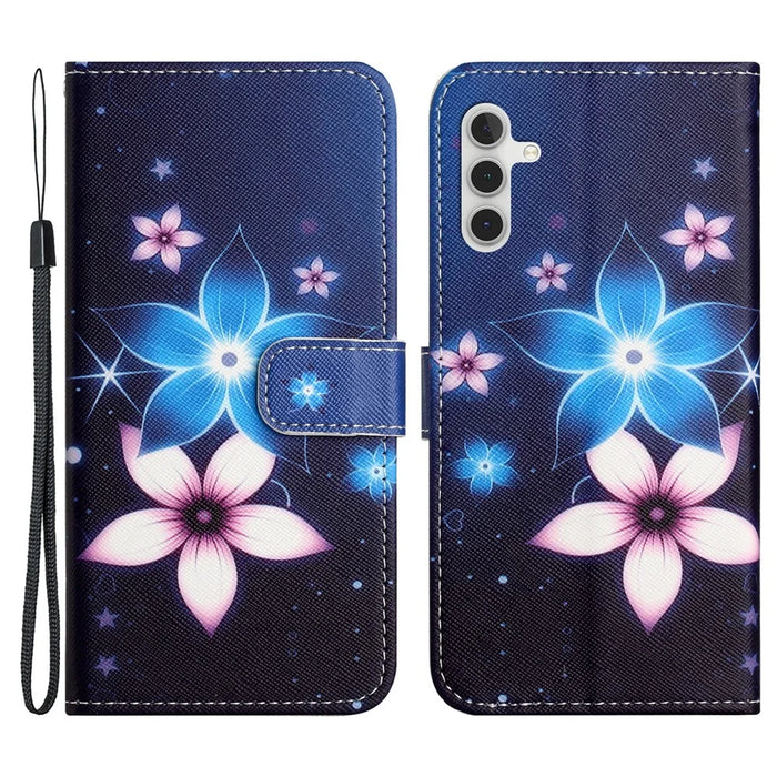 For Samsung Galaxy S25 / S24 Phone Case Pattern Printing PU Leather Flip Cover - Blue Flower - 1