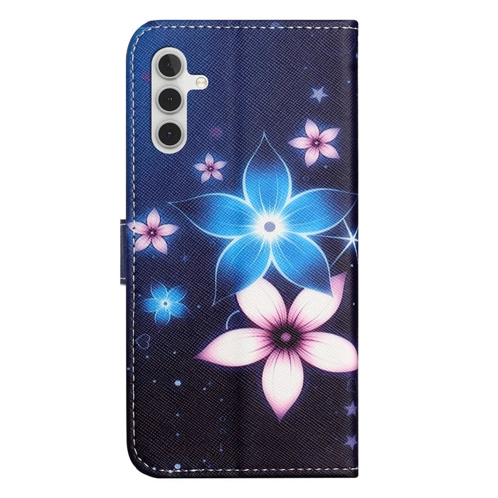 For Samsung Galaxy S25 / S24 Phone Case Pattern Printing PU Leather Flip Cover - Blue Flower - 5