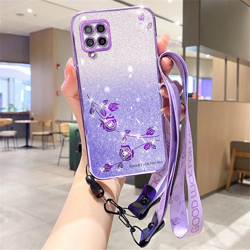 KADEM For Samsung Galaxy M33 5G (Global Version) Case Rhinestone Flower TPU Phone Cover with Strap - Purple - 1