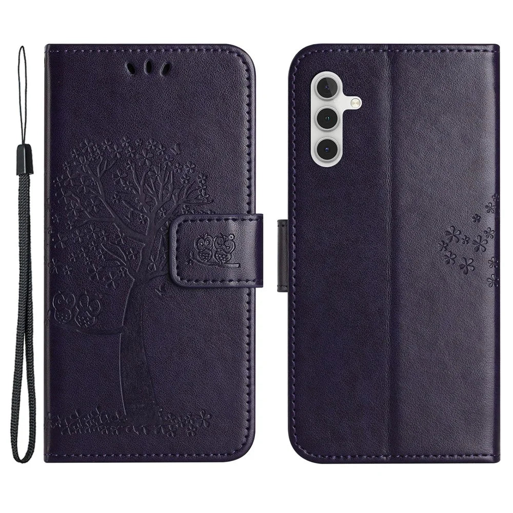 For Samsung Galaxy S25+ / S24+ Case Owl Tree Imprinted Leather Stand Phone Wallet Cover - Dark Purple - 1
