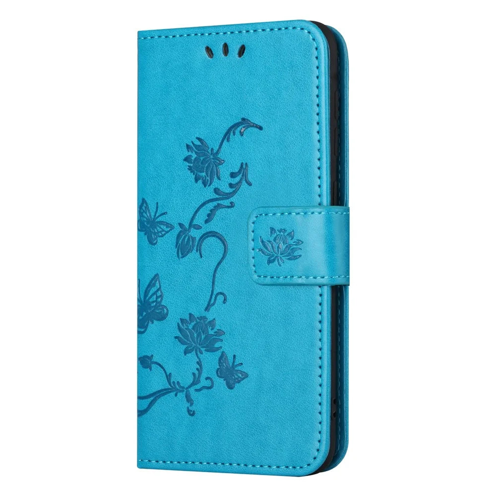 For Samsung Galaxy S25+ / S24+ Case Butterfly Flower Imprint Leather Wallet Phone Cover - Blue - 4