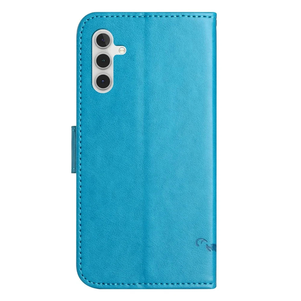 For Samsung Galaxy S25+ / S24+ Case Butterfly Flower Imprint Leather Wallet Phone Cover - Blue - 5