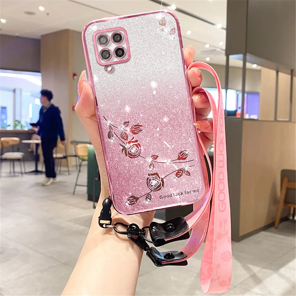 KADEM For Samsung Galaxy M53 5G Case Rhinestone Decor TPU Phone Cover with Strap - Rose Gold - 1