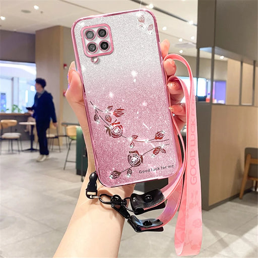 KADEM For Samsung Galaxy M53 5G Case Rhinestone Decor TPU Phone Cover with Strap - Rose Gold - 1
