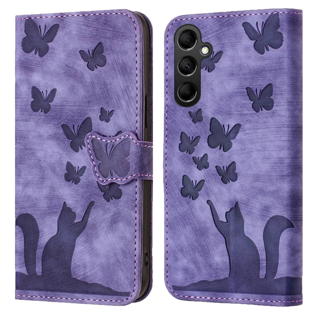 For Samsung Galaxy A15 5G Case Butterfly Cat Imprinted PU Leather Phone Cover - Purple - 1