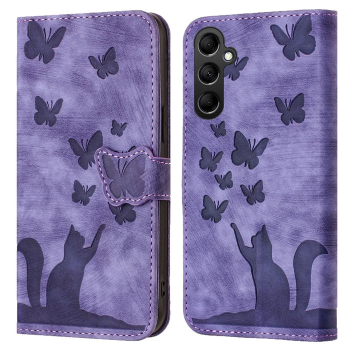 For Samsung Galaxy A15 5G Case Butterfly Cat Imprinted PU Leather Phone Cover - Purple - 1