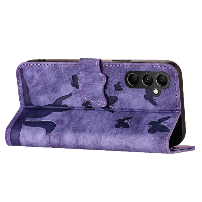 For Samsung Galaxy A15 5G Case Butterfly Cat Imprinted PU Leather Phone Cover - Purple - 4