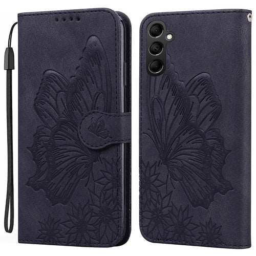 For Samsung Galaxy A15 5G Case Big Butterfly Imprinted PU Leather Phone Cover with Wrist Strap - Black - 1