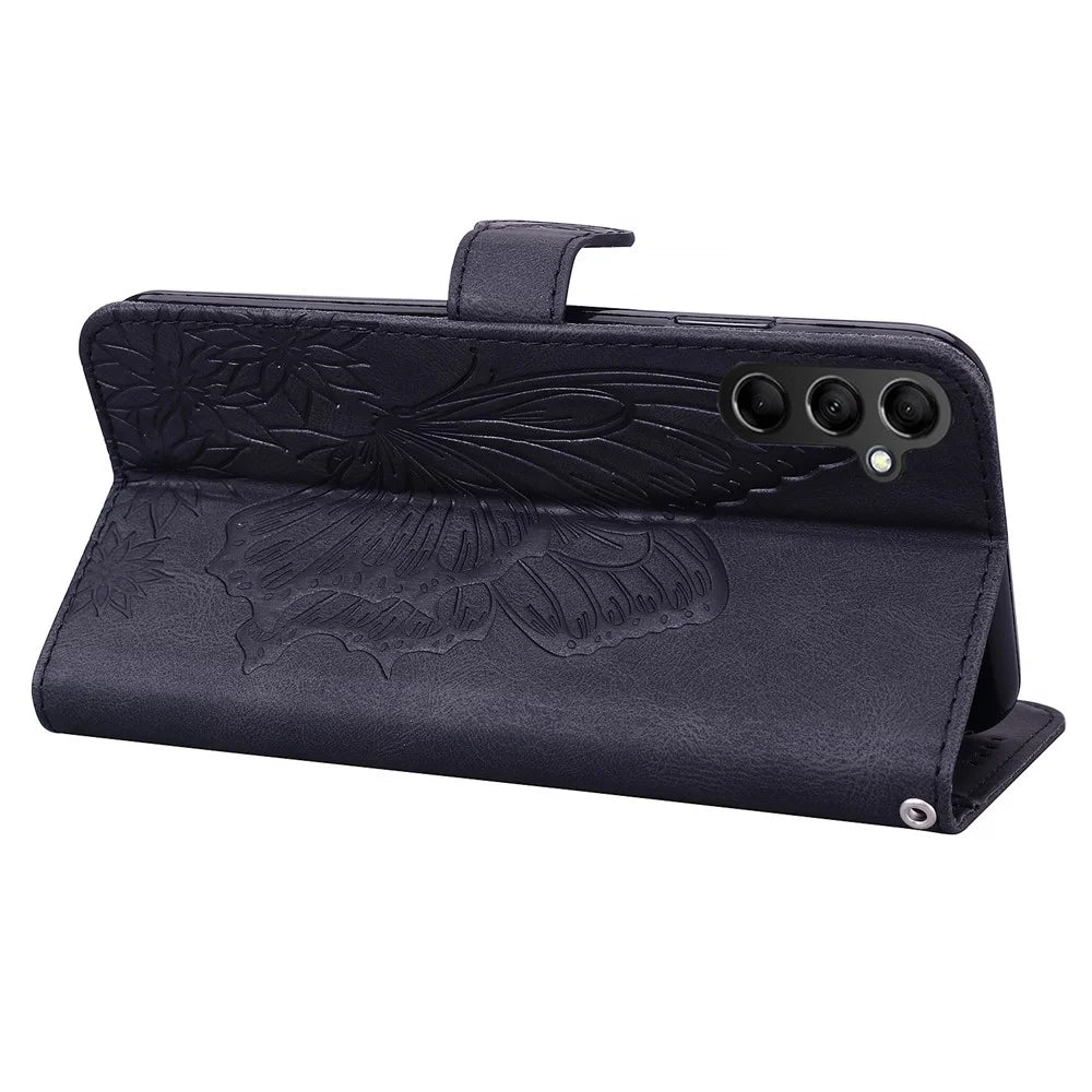 For Samsung Galaxy A15 5G Case Big Butterfly Imprinted PU Leather Phone Cover with Wrist Strap - Black - 4