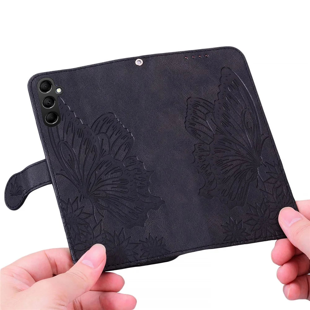 For Samsung Galaxy A15 5G Case Big Butterfly Imprinted PU Leather Phone Cover with Wrist Strap - Black - 6