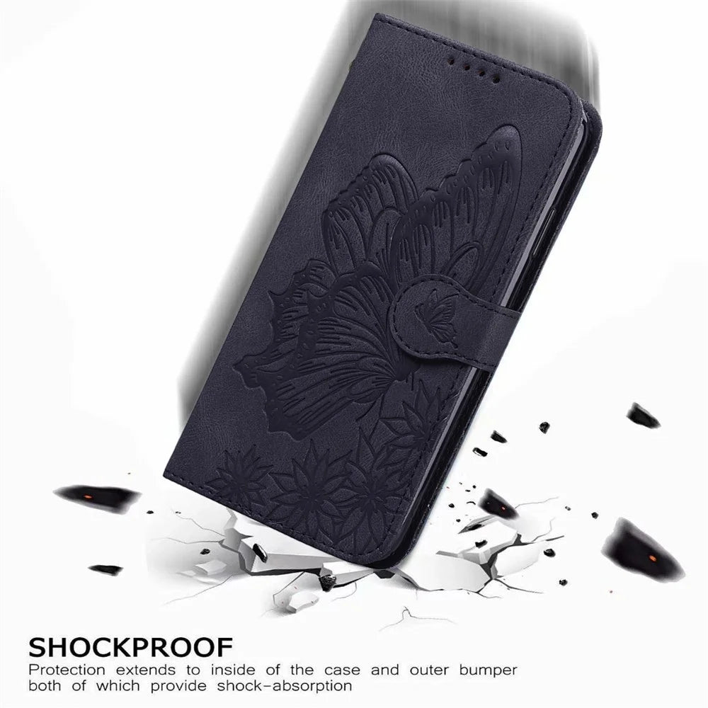 For Samsung Galaxy A15 5G Case Big Butterfly Imprinted PU Leather Phone Cover with Wrist Strap - Black - 7