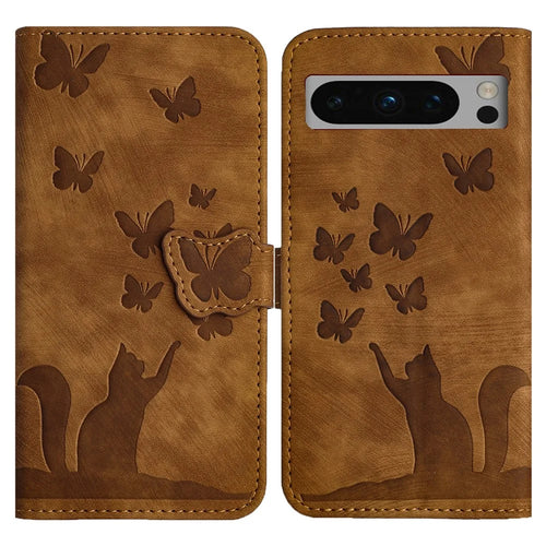 For Google Pixel 8 Pro Case Butterfly Cat Imprinted Wallet Phone Leather Cover - Brown - 1